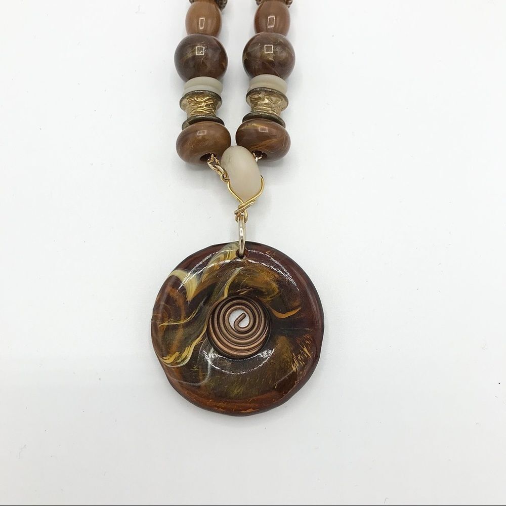 Long Necklace Gold Tone Brown Round Metal Swirl Pendant Beaded Bohemian - Picture 4 of 7